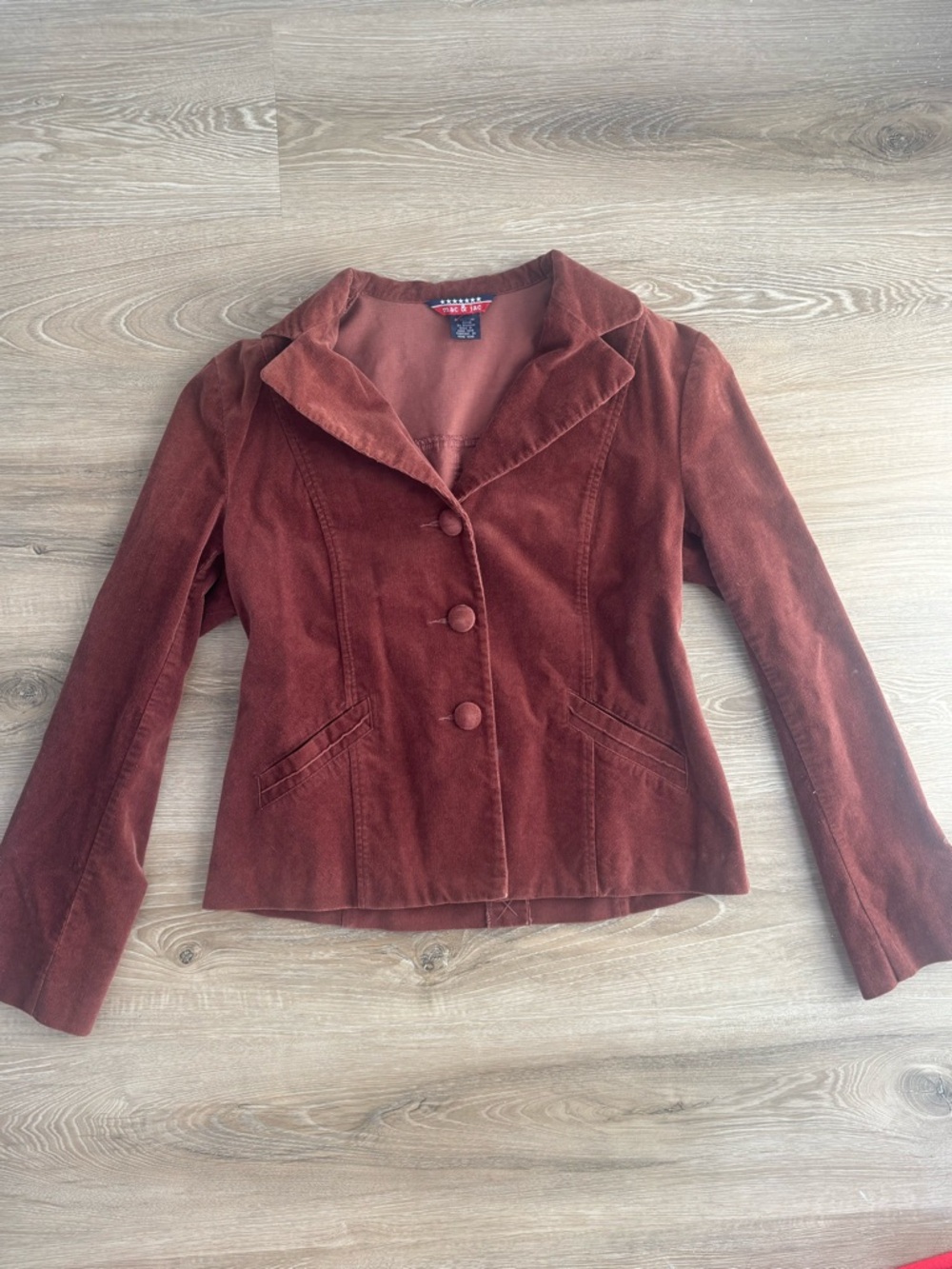 Vintage 90s Rust Red-Brown Corduroy Button Blazer Jacket Collar Detail